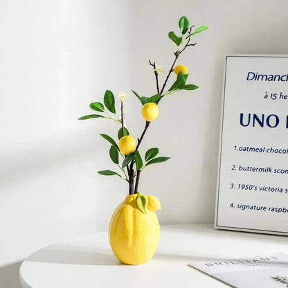 Glossy yellow ceramic lemon flower vase kitchen citrus decor