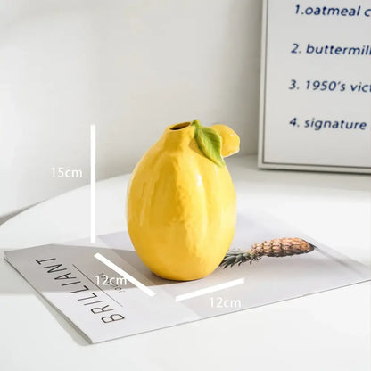Glossy yellow ceramic lemon flower vase kitchen citrus decor