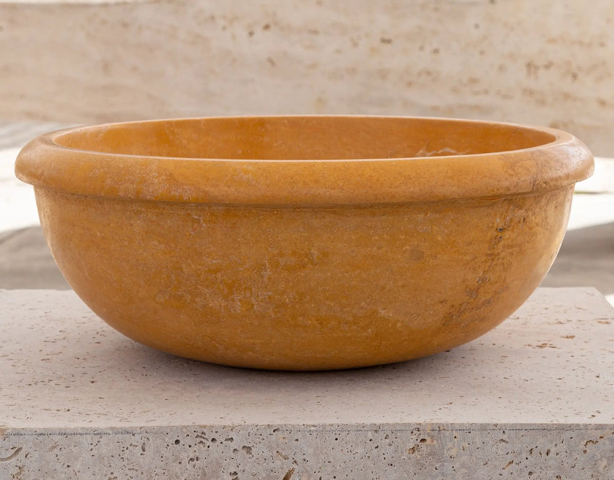 Round Gold Honed Travertine Vessel Sink 16 Inch Natural Bath