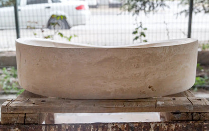 Oval Beige Travertine Vessel Bathroom Sink Handcrafted Light Stone