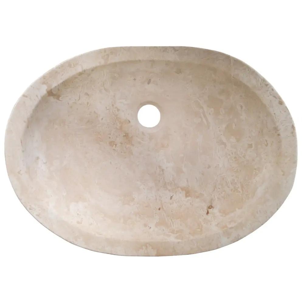 Oval Beige Travertine Vessel Bathroom Sink Handcrafted Light Stone