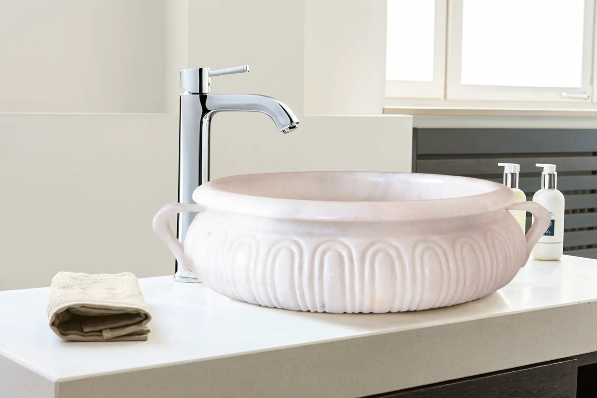 Round White Marble Vessel Bathroom Sink with Polished Surface 17 Inch