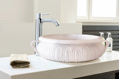 Round White Marble Vessel Bathroom Sink with Polished Surface 17 Inch