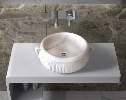 Round White Marble Vessel Bathroom Sink with Polished Surface 17 Inch