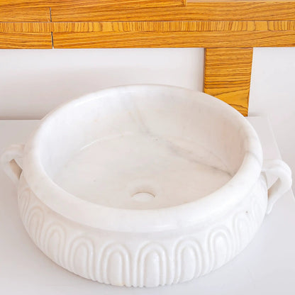 Round White Marble Vessel Bathroom Sink with Polished Surface 17 Inch