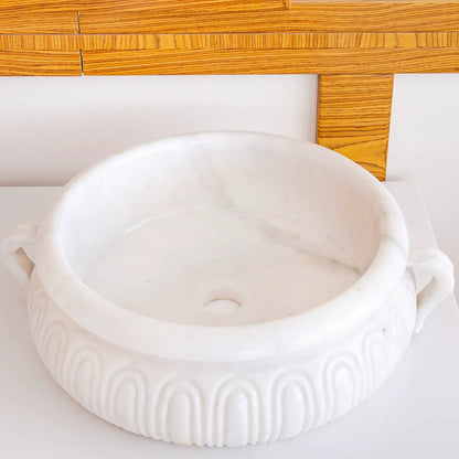 Round White Marble Vessel Bathroom Sink with Polished Surface 17 Inch