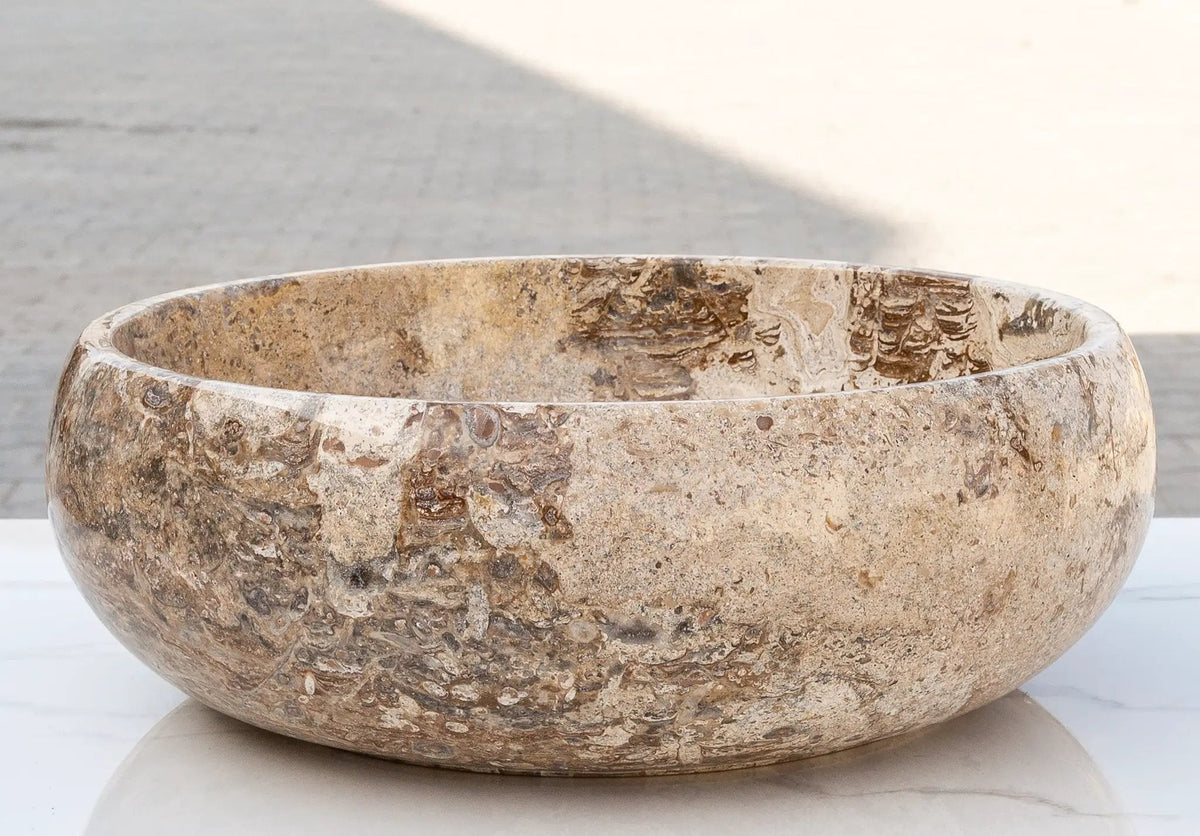Valencia Beige Round Travertine Vessel Sink 16 Inch Stone Bathroom Vanity Top Polished