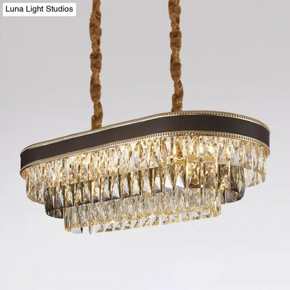 Gold and brown leather ellipse island pendant dining room crystal light