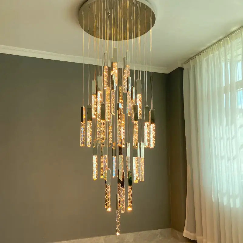 Gold and crystal led chandelier staircase living room light