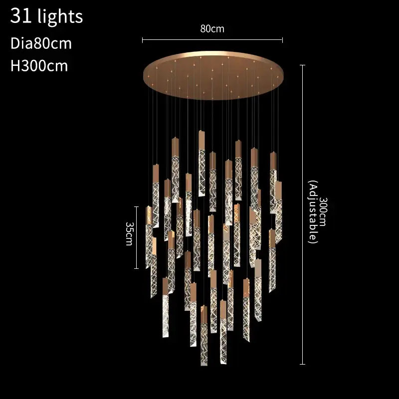 Gold and crystal led chandelier staircase living room light