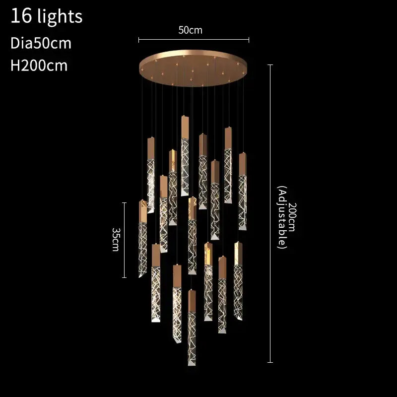 Gold and crystal led chandelier staircase living room light