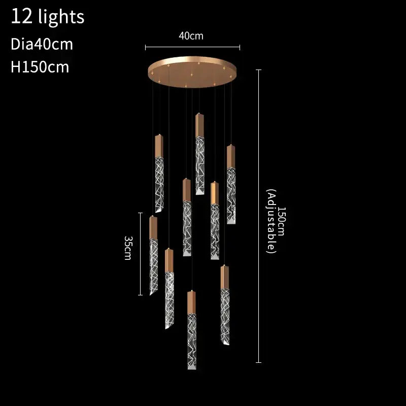 Gold and crystal led chandelier staircase living room light