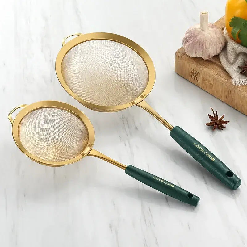 Gold and dark green colander juice strainer set kitchen utensils