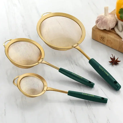 Gold and dark green colander juice strainer set kitchen utensils