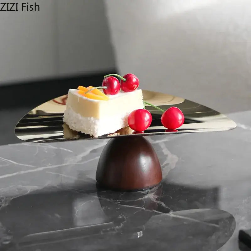 Gold and dark wood cake stand fruit bowl tray set for kitchen