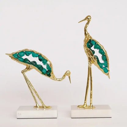 Gold and emerald crystal crane sculpture living room decor