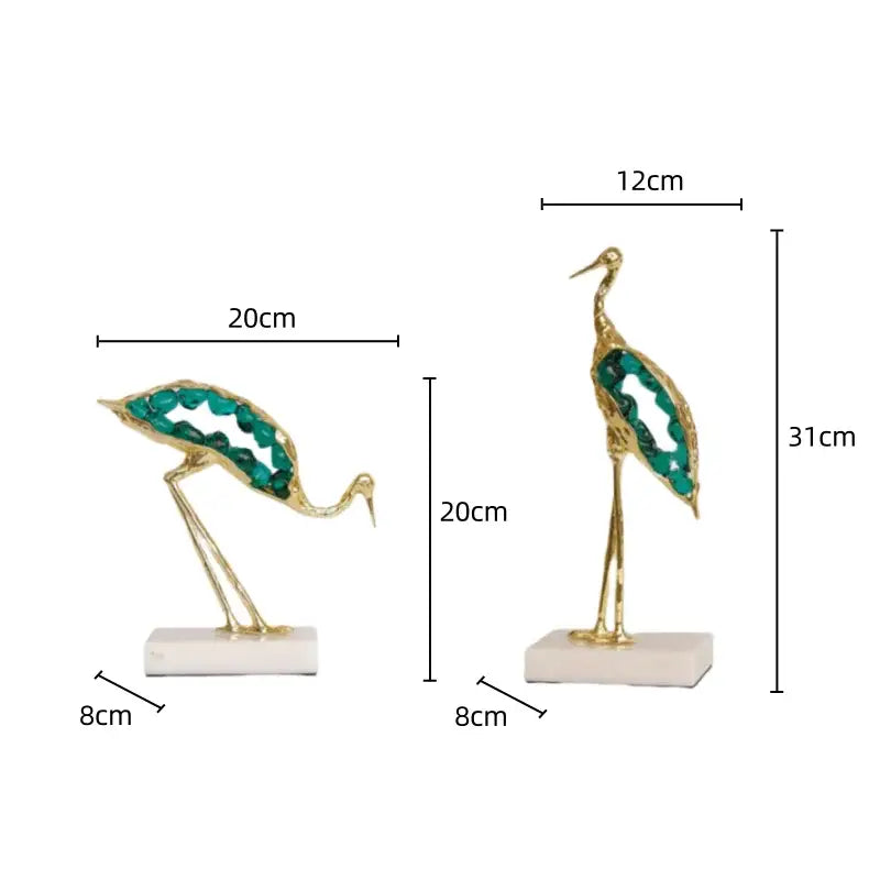 Gold and emerald crystal crane sculpture living room decor