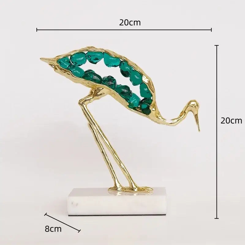 Gold and emerald crystal crane sculpture living room decor