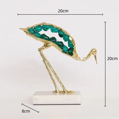 Gold and emerald crystal crane sculpture living room decor