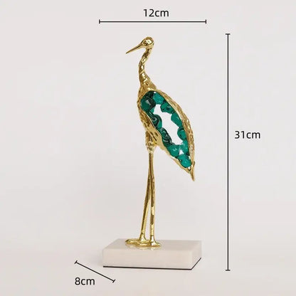 Gold and emerald crystal crane sculpture living room decor