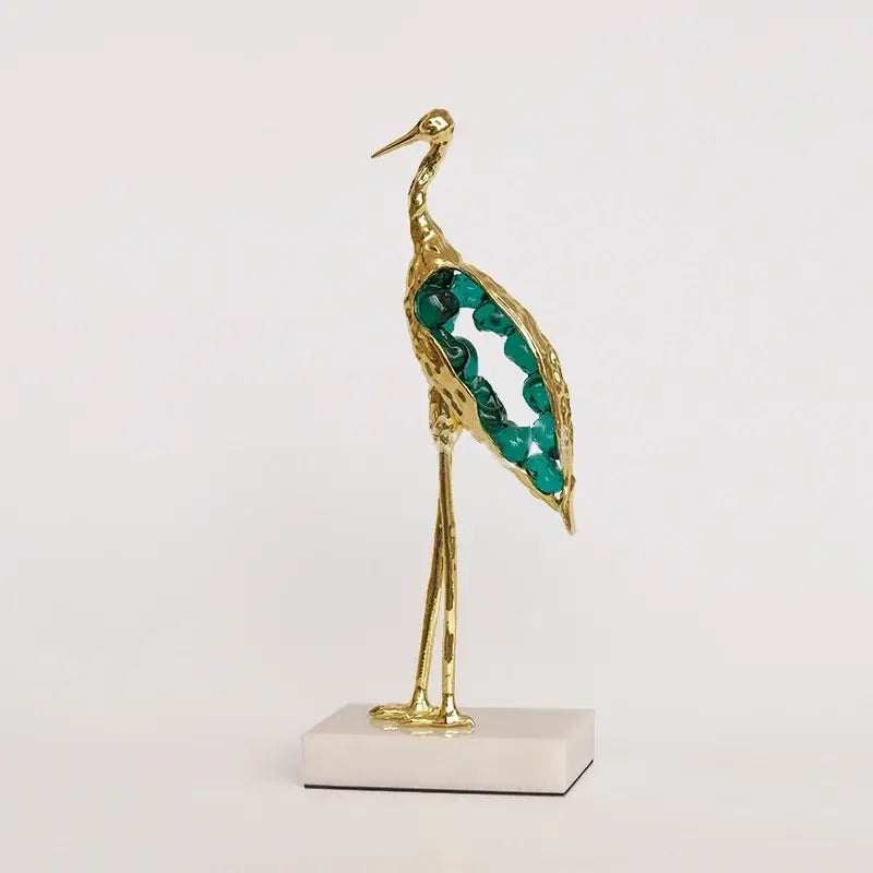 Gold and emerald crystal crane sculpture living room decor