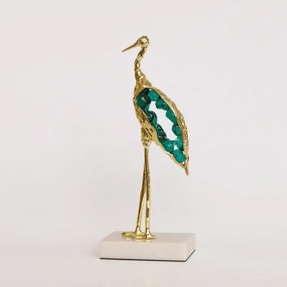 Gold and emerald crystal crane sculpture living room decor
