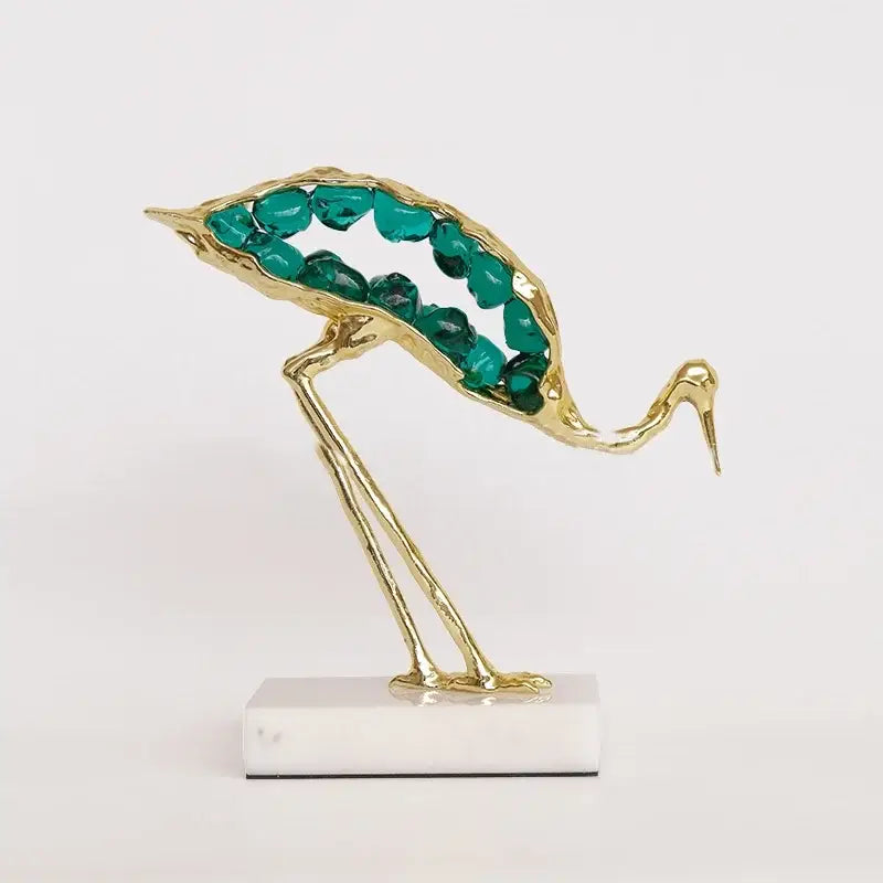 Gold and emerald crystal crane sculpture living room decor