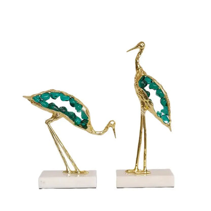 Gold and emerald crystal crane sculpture living room decor