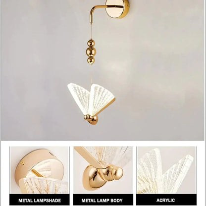 Gold and patterned butterfly led wall light for bedroom