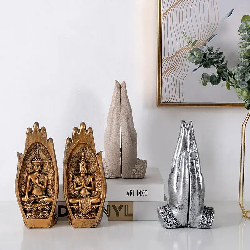 Gold and silver buddha hands monk figurine living room decor