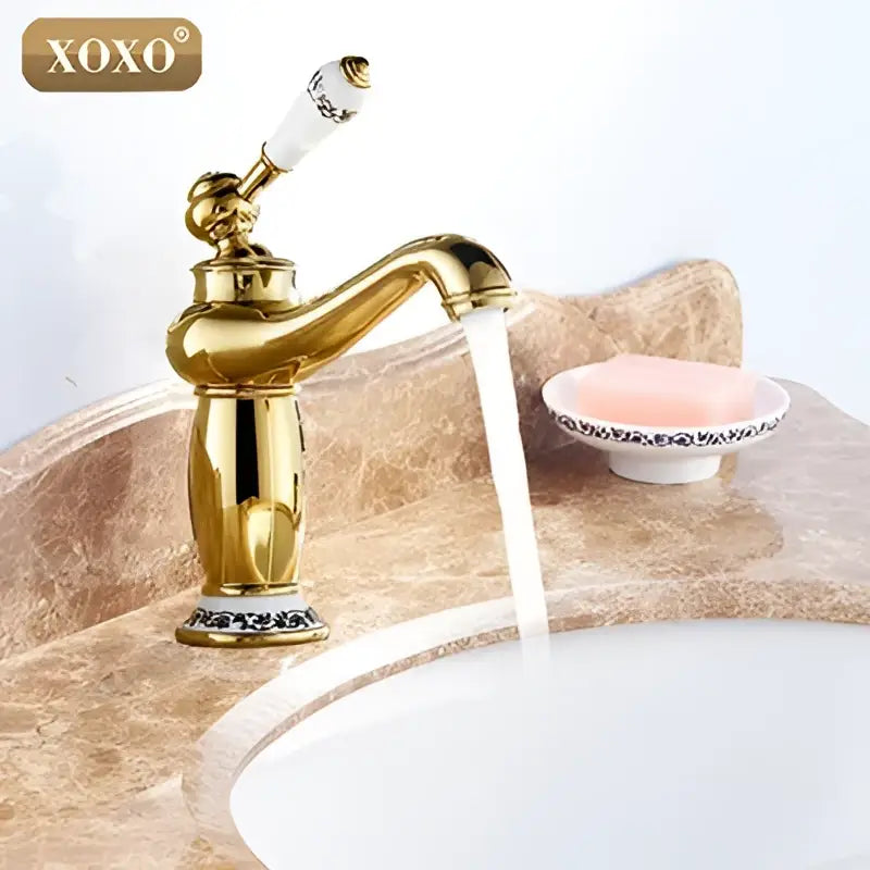 Gold and white ceramic bathroom basin faucet deck mounted mixer