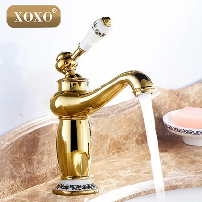 Gold and white ceramic bathroom basin faucet deck mounted mixer