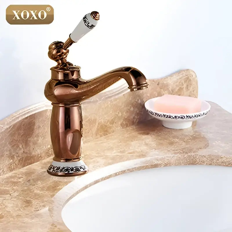 Gold and white ceramic bathroom basin faucet deck mounted mixer