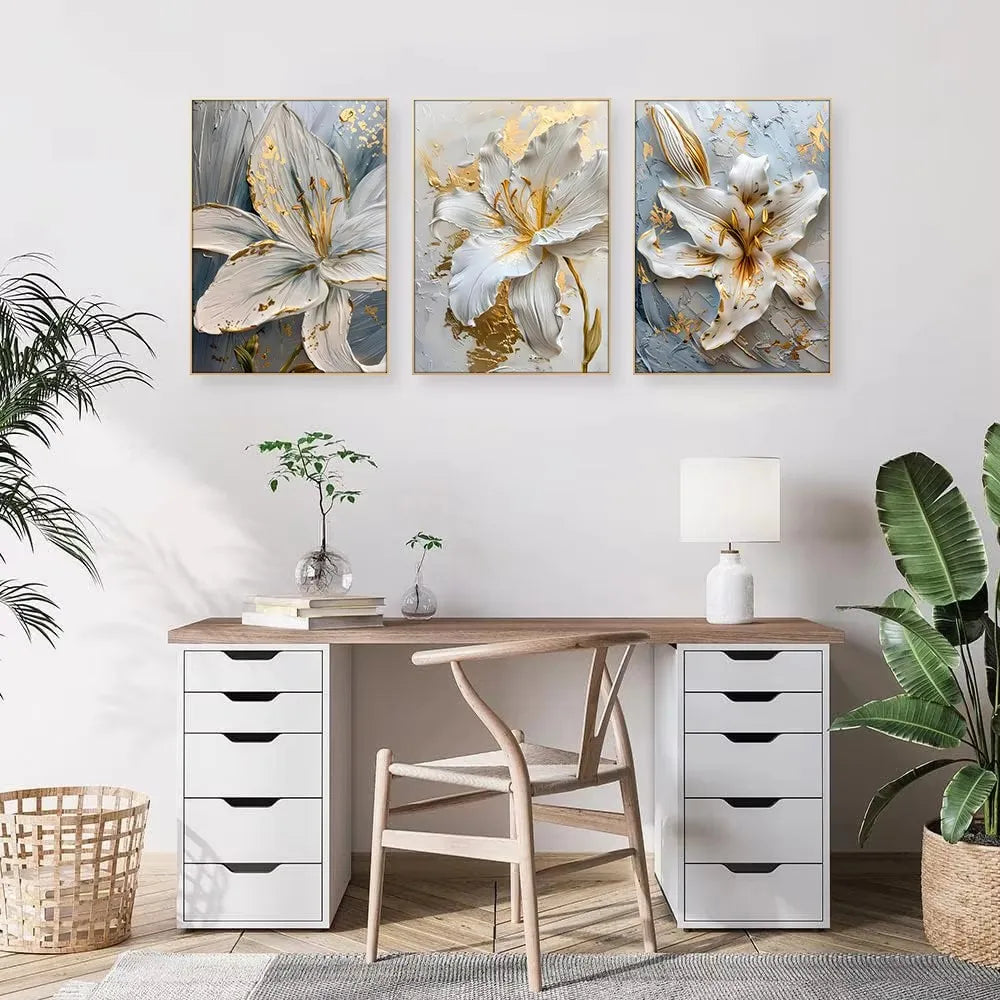 DecorBites™ Gold and White Floral 3D Canvas Wall Art