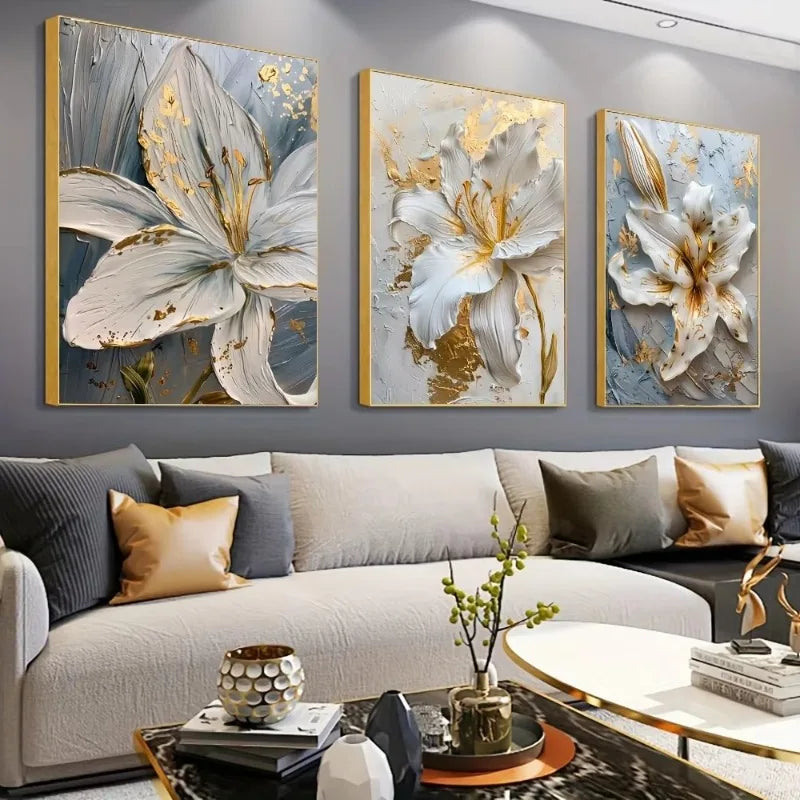 DecorBites™ Gold and White Floral 3D Canvas Wall Art