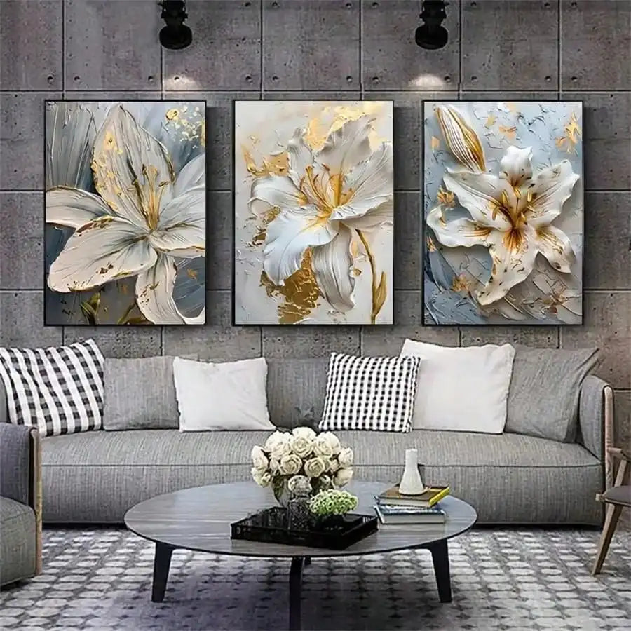DecorBites™ Gold and White Floral 3D Canvas Wall Art