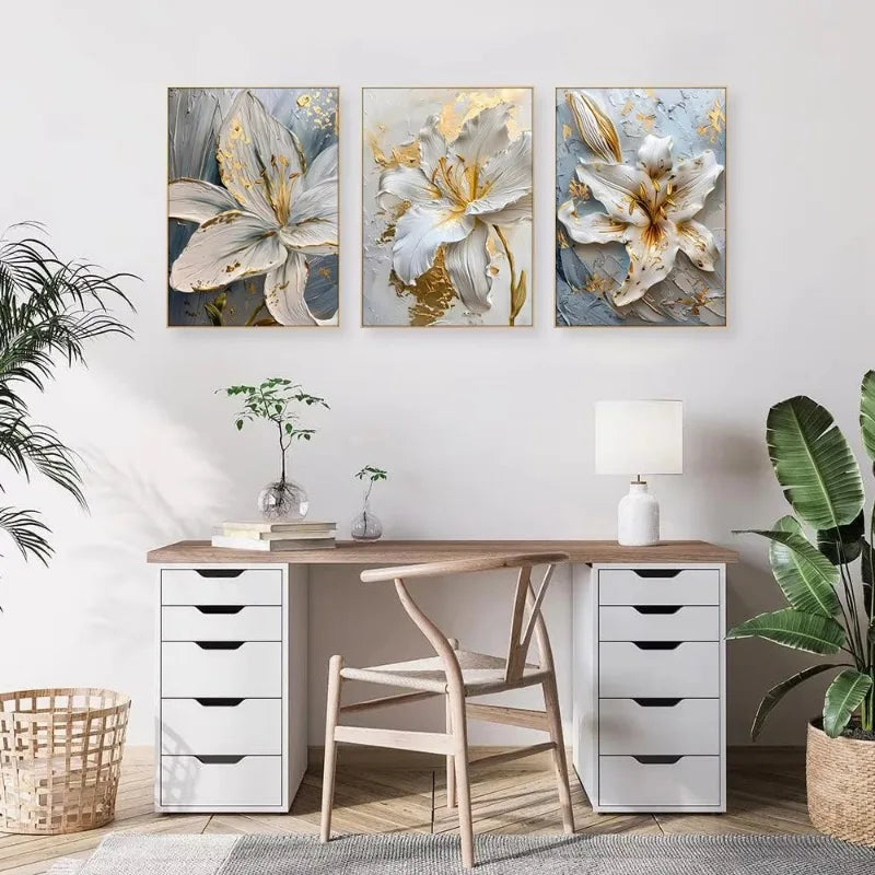 DecorBites™ Gold and White Floral 3D Canvas Wall Art
