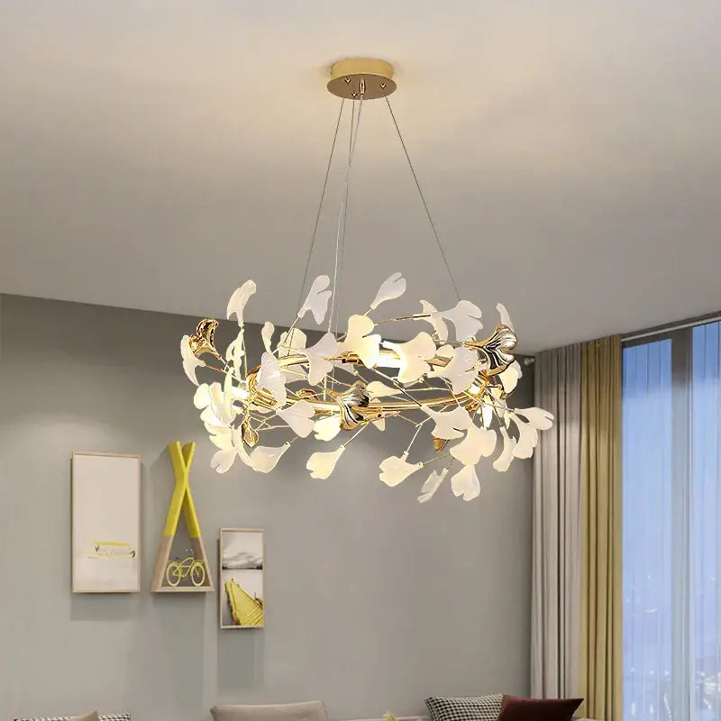 Gold and white ginkgo ceramic chandelier dining room light