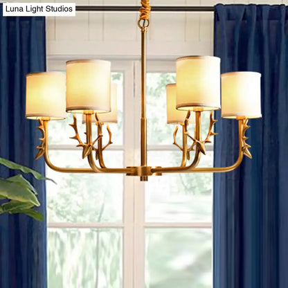 Gold antler fabric shade cylindrical chandelier living room light
