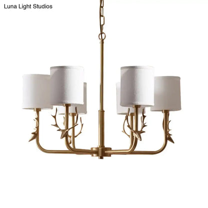 Gold antler fabric shade cylindrical chandelier living room light