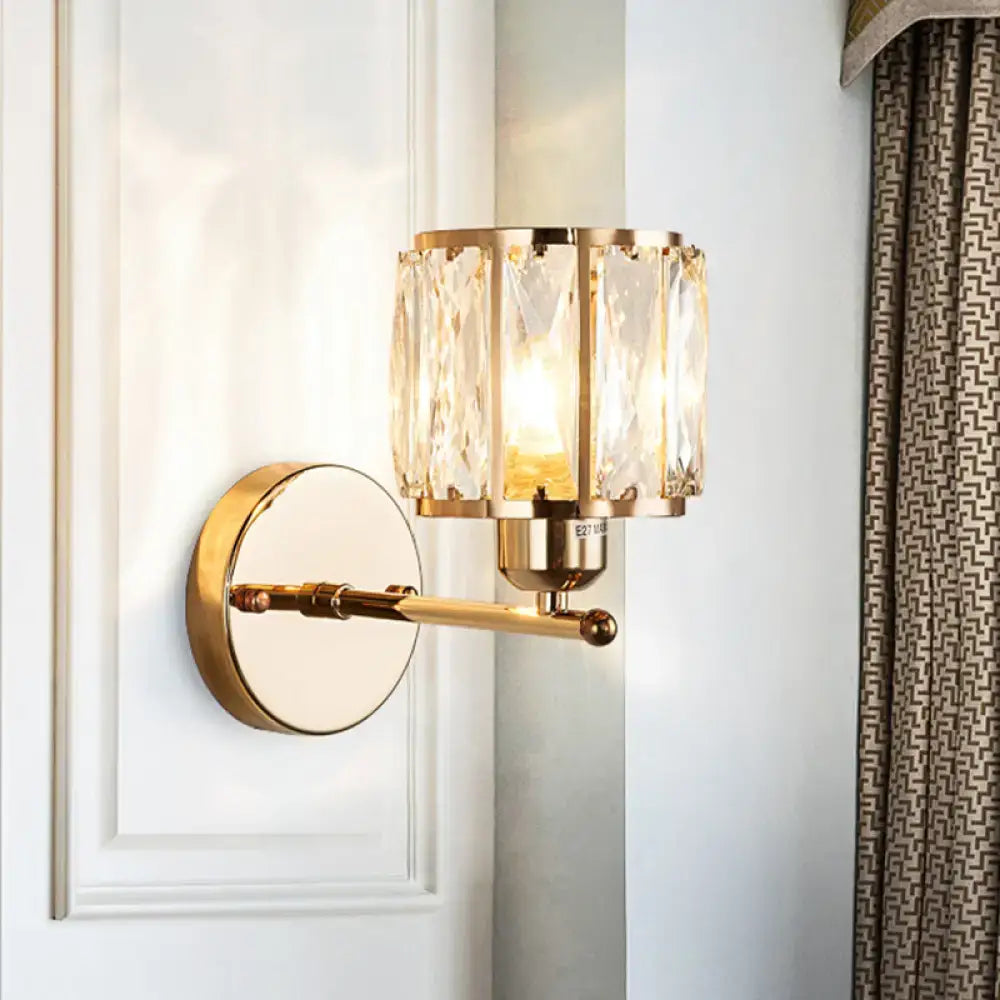 Gold beveled cut crystal sconce light fixture bedroom wall lamp