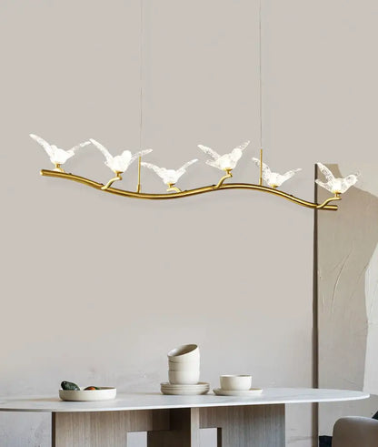 Gold bird branch led pendant lamp dining room crystal light