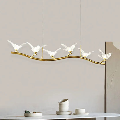 Gold bird branch led pendant lamp dining room crystal light