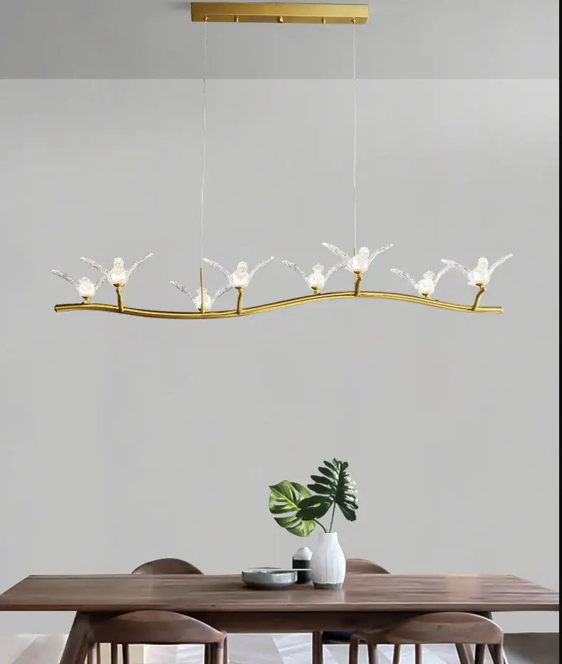 Gold bird branch led pendant lamp dining room crystal light