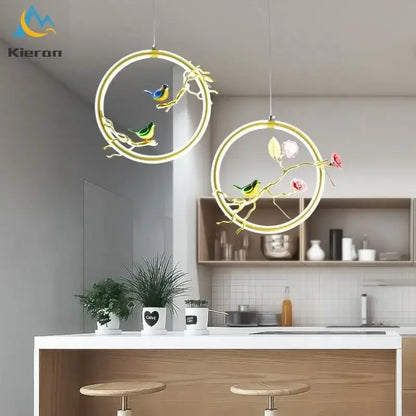 Gold bird led chandelier floral pendant light for dining room