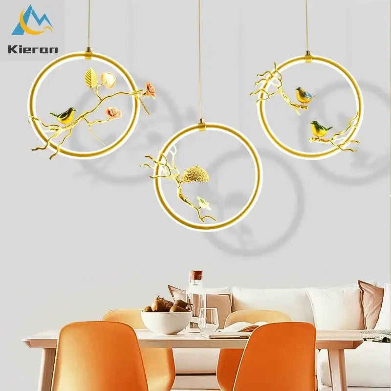 Gold bird led chandelier floral pendant light for dining room