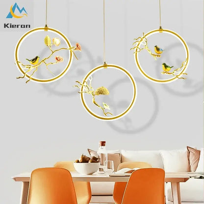Gold bird led chandelier floral pendant light for dining room