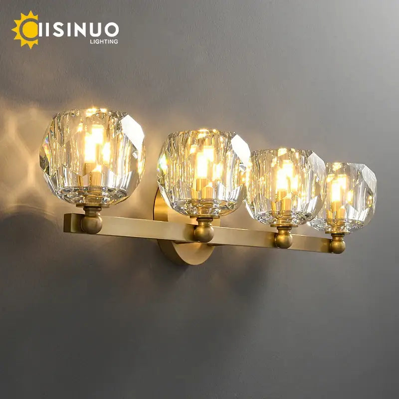 Gold brass four crystal vanity light fixtures for bathroom