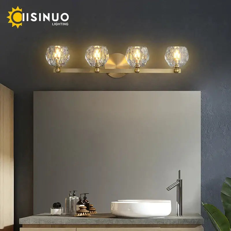 Gold brass four crystal vanity light fixtures for bathroom