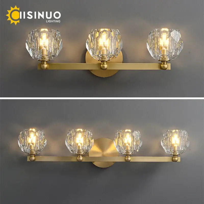 Gold brass four crystal vanity light fixtures for bathroom